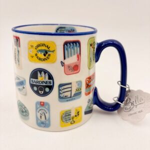 10 Strawberry Street Sardine Tin Print Ceramic Mug Blue Trim White Multicolor